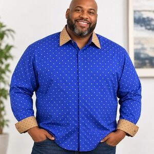 Steven Land Mens 18.5 34/35 Big Tall Blue Geometric Contrast Collar Cuff Shirt